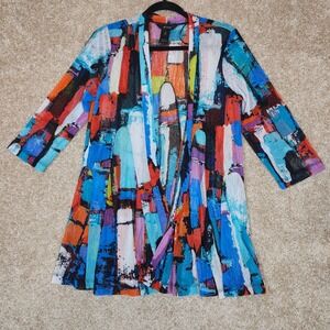 Ali Miles Cardigan Abstract Multicolor Mesh Open Front Artistic Topper Size M